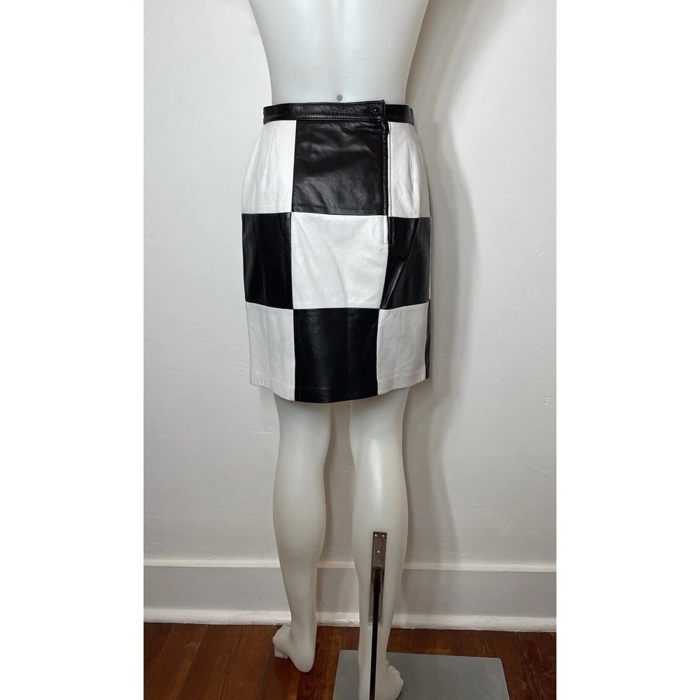 Vintage 90s Bagatelle Leather Checkered Mini Pencil Skirt Mod Retro Waist 27" - Picture 2 of 16